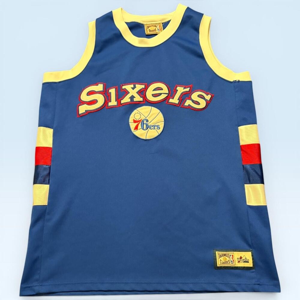 Philadelphia 76ers Jersey Mens XL Blue NBA Basketball Majestic Hardwood Classics